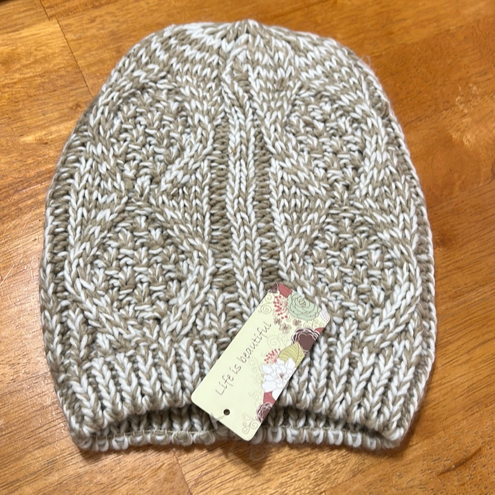 Life is Beautiful Cream and White Knit Beanie NWT